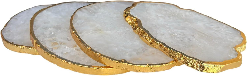 White Agate Stone Crystal Coasters with Gold Edge White Agate Coasters 3.5 to 4 inch Salted Agate Coaster - Set of 4