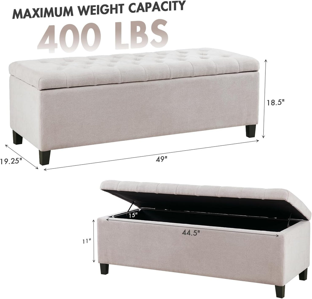49" Upholstered Storage Bench, Button Tufted End of Bed Bench with Storage, Dual Spring Soft-Close Lid, Bedroom Bench