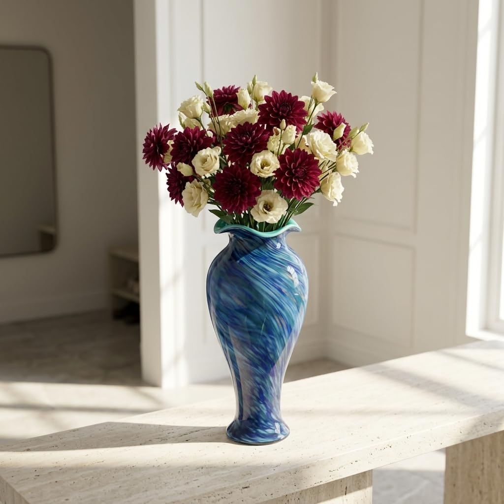 Hand Blown Glass Vase, Large Blue Glass Vase, Modern Glass Art Decor for the Living Room Coffee Table, Dining Table