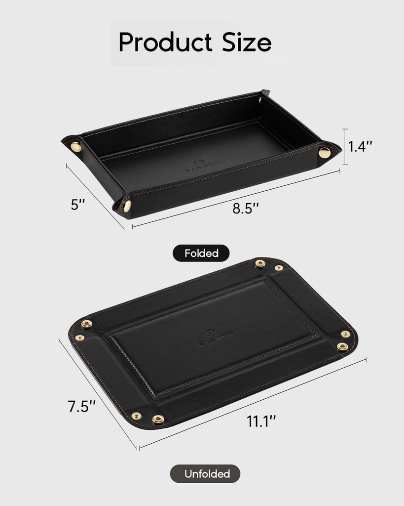 Valet Tray for Men, Foldable PU Leather Catchall Tray, Black