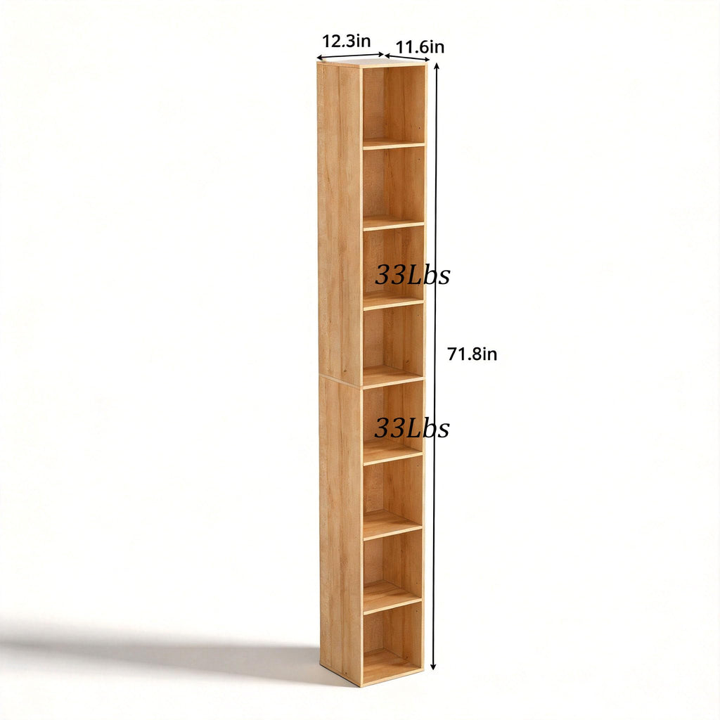 8-Cube Storage Organizer Bookcase, Oak Tall Narrow Bookshelf, Freestanding Open Cubby Storage Shelf, Display Cabinet