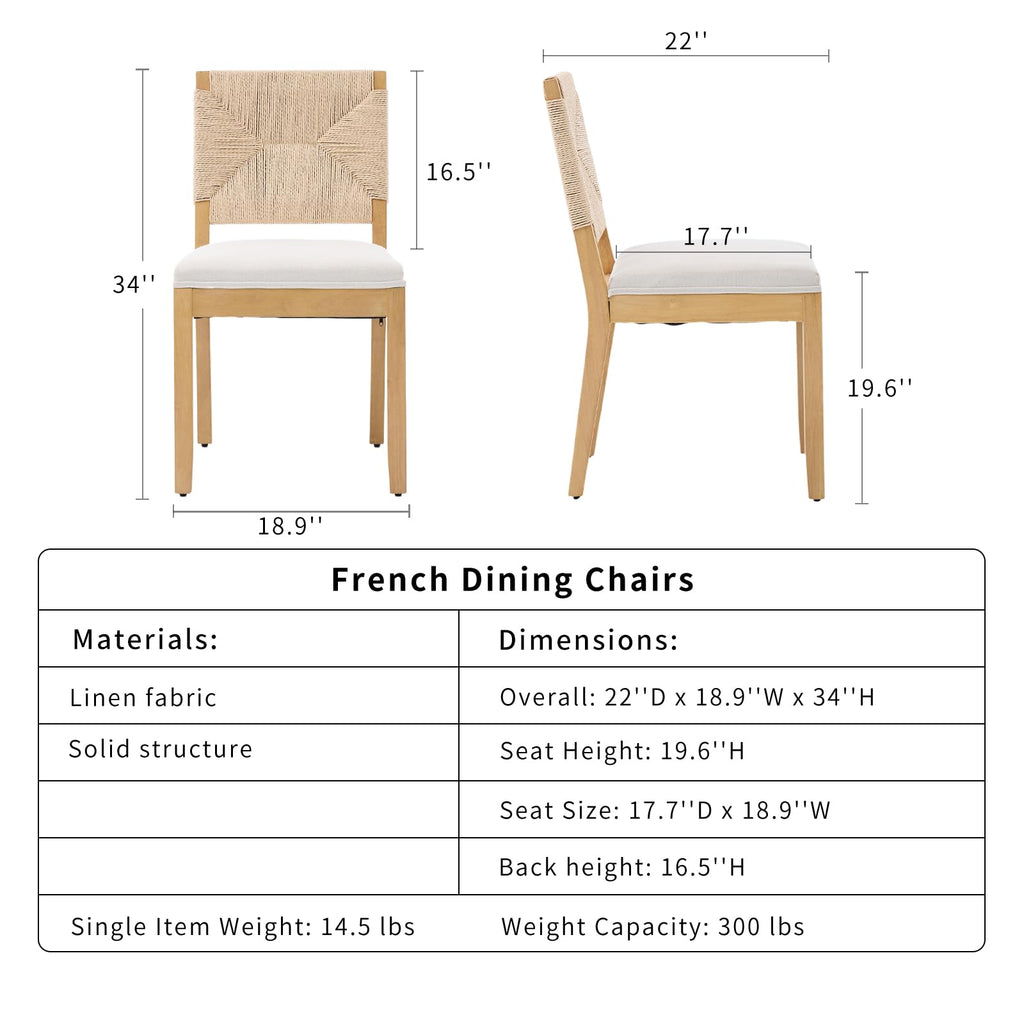 French Country Dining Chairs Set of 4, Beige Farmhouse Wood Dining Room Chairs, Woven Back Linen Upholstered Dining