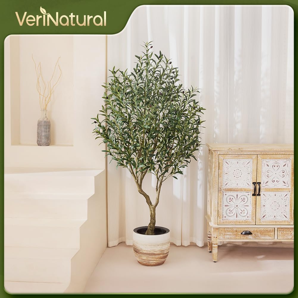Artificial Olive Tree 6FT Fake Plants Indoor - UV Resistant Faux Olive Tree in Black Pot, Outdoor Tall Faux Silk Tree