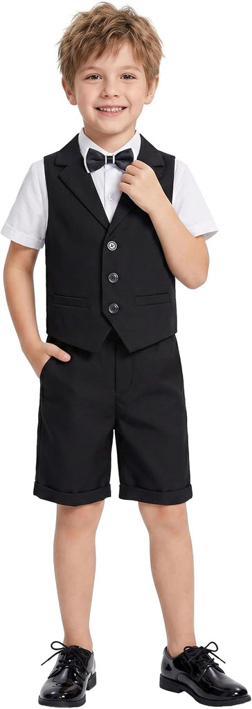 4Pcs Boys Suit, Kids Summer Dress Outfits Shirt Vest Shorts Bow Tie