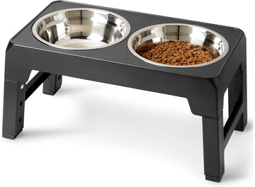 Elevated Dog Bowls Stand, 5 Height Adjustable Foldable Raised Pet Feeder with Stainless Steel Bowls, Non-Slip Base