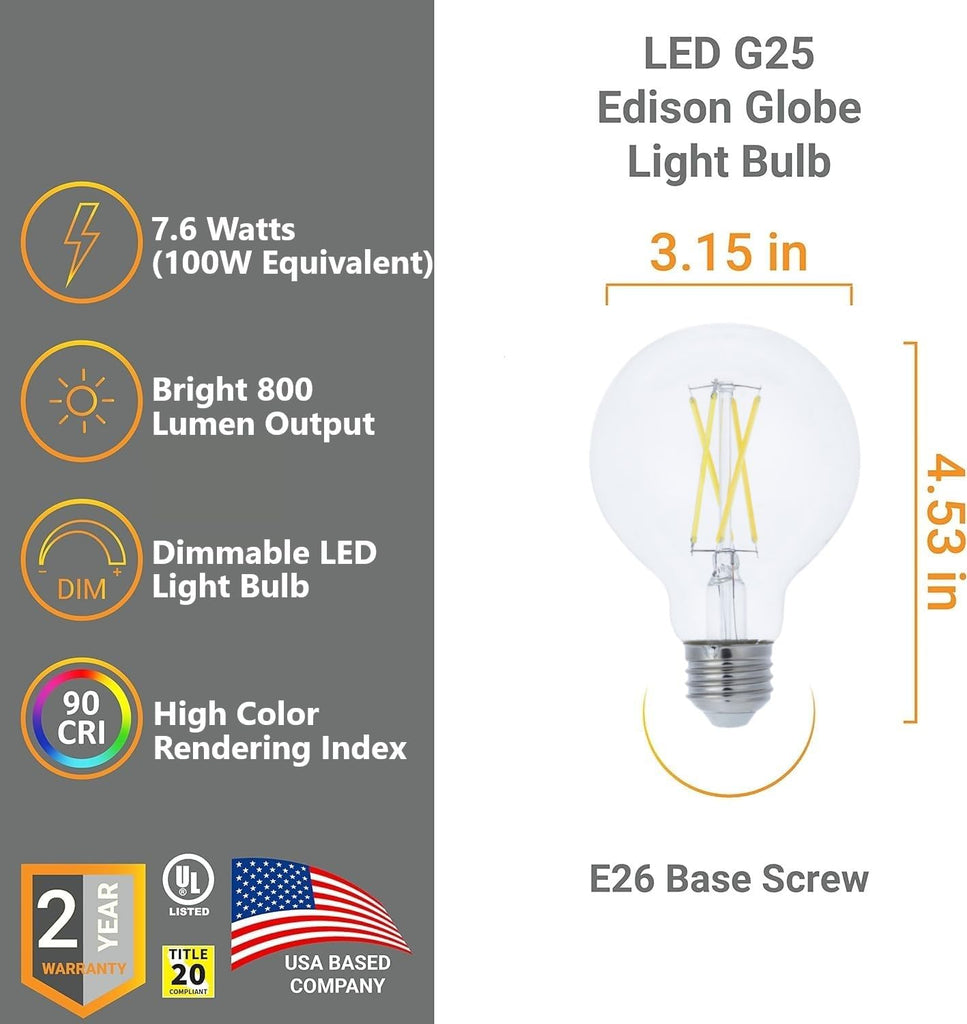 G25 Globe Light Bulbs Vintage Edison Filament Round Clear Glass 7.6W (100W Equivalent) 800 Lumens E26 Medium Base
