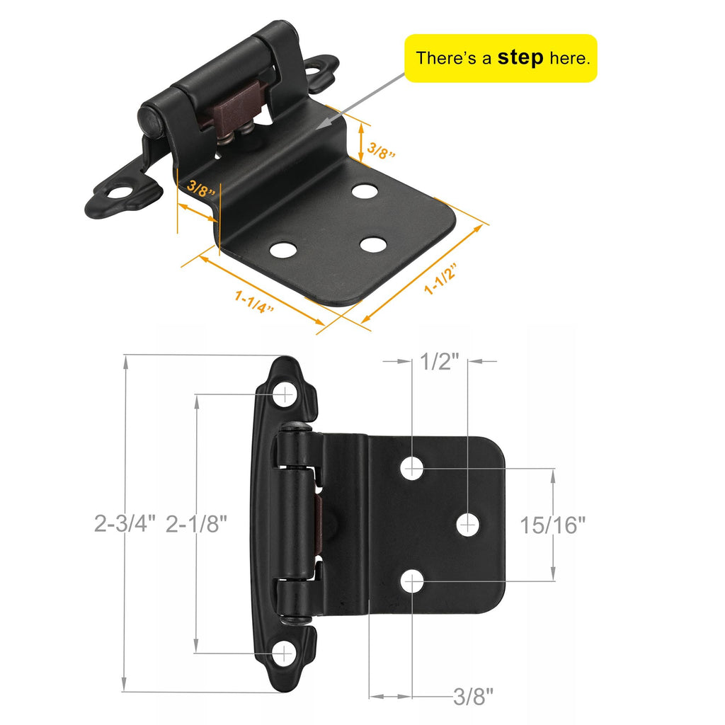 Matte Black Cabinet Hinges, 3/8" Inset, 4 Pack