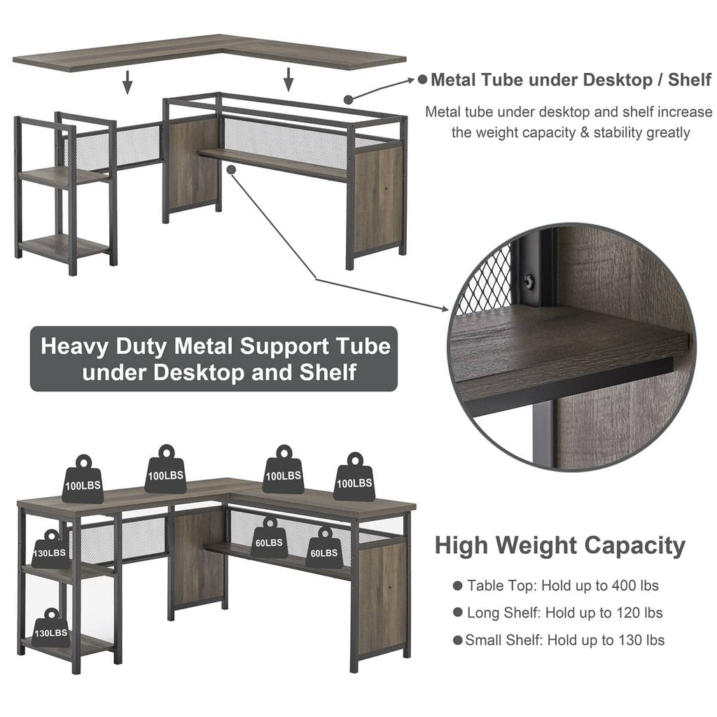 L Shaped Desk, Industrial Reversible Home Office Computer Desk with Wood Shelves, Corner Desks with Metal Legs