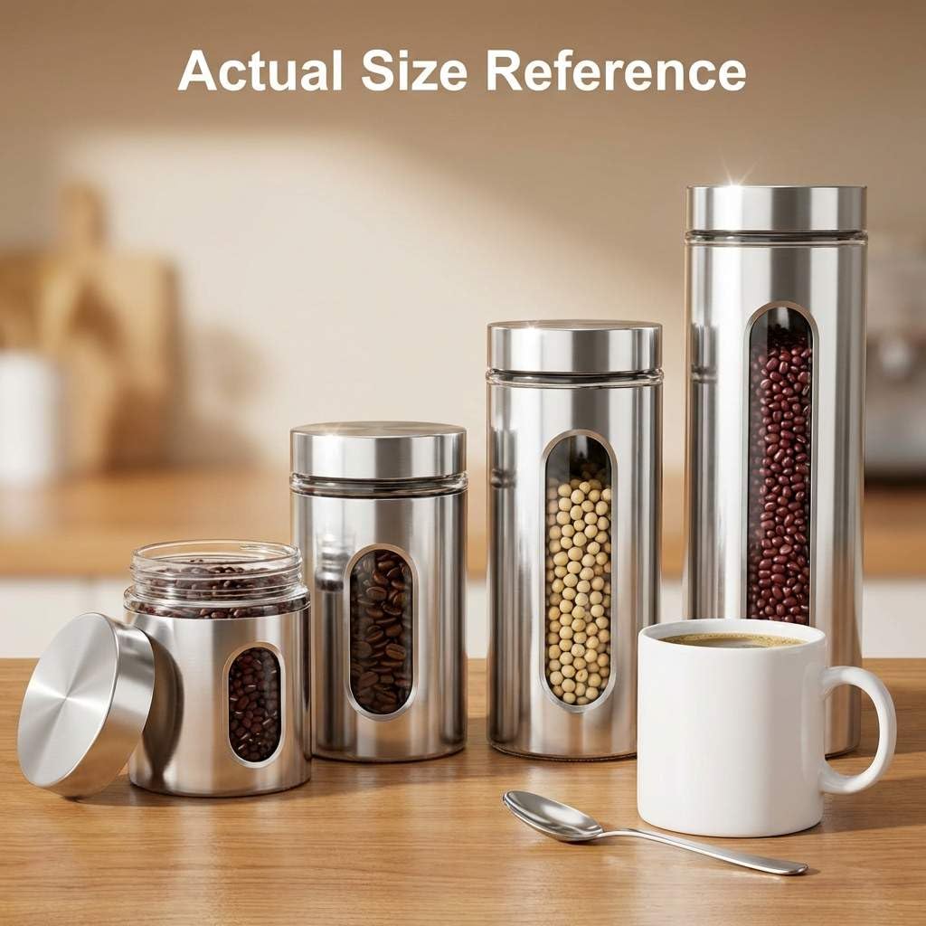4pc Stainless Steel Canister Set with Airtight Lids and Glass Window - Food Storage Containers Counter & Pantry