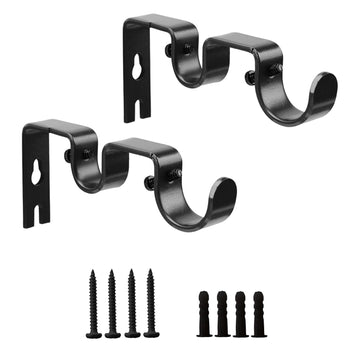 Double Curtain Rod Bracket, 2 Pack Metal Curtain Rod Hooks for Wall, Sturdy Curtain Rod Brackets with Screws, Black Wall