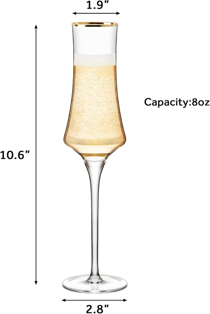 Champagne Flutes Glasses 8oz Set of 6 Clear Crystal Lead-Free Stemware Champagne Glass With Gold Rim