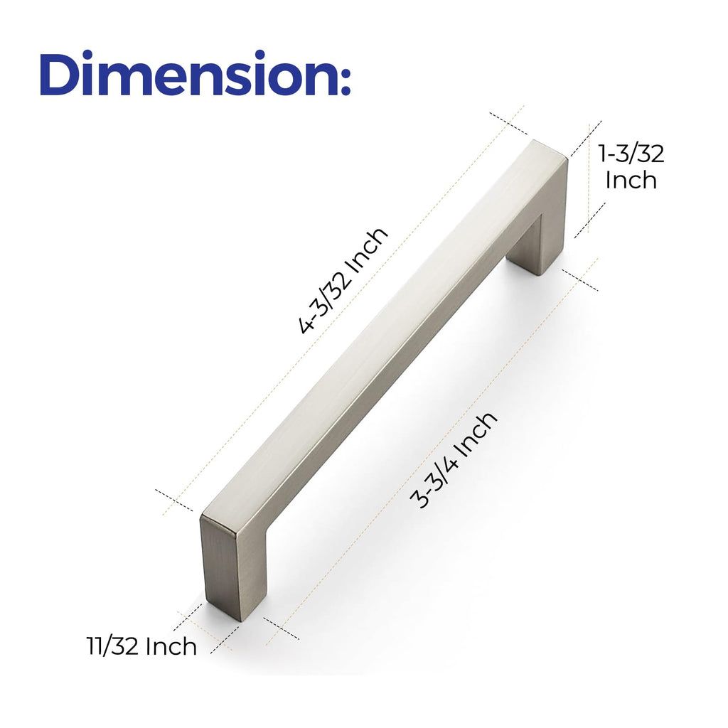 Brushed Nickel Square Solid Cabinet Handles, 3-3/4 Inch, 25 Pack