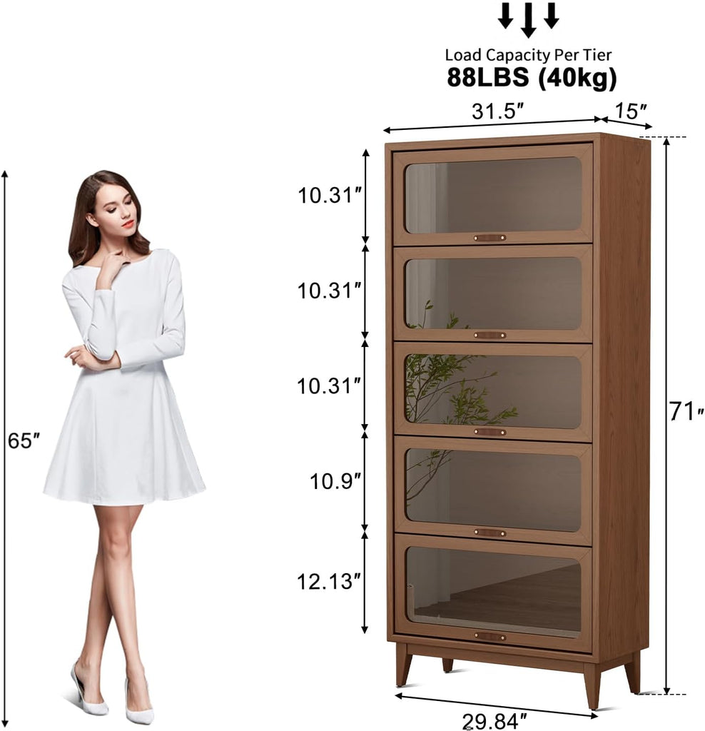 Solid Wood Bookcase with Tempered Glass Doors - Spacious 5-Tier Storage Shelf with Glass-Front Design, Flip-Top