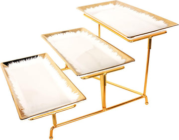 3-Tiered Serving Rack with Ceramic Tray, Foldable Gold Stand with 3-PCS 11.4 Inch Gold Rim Plates, for Food Display