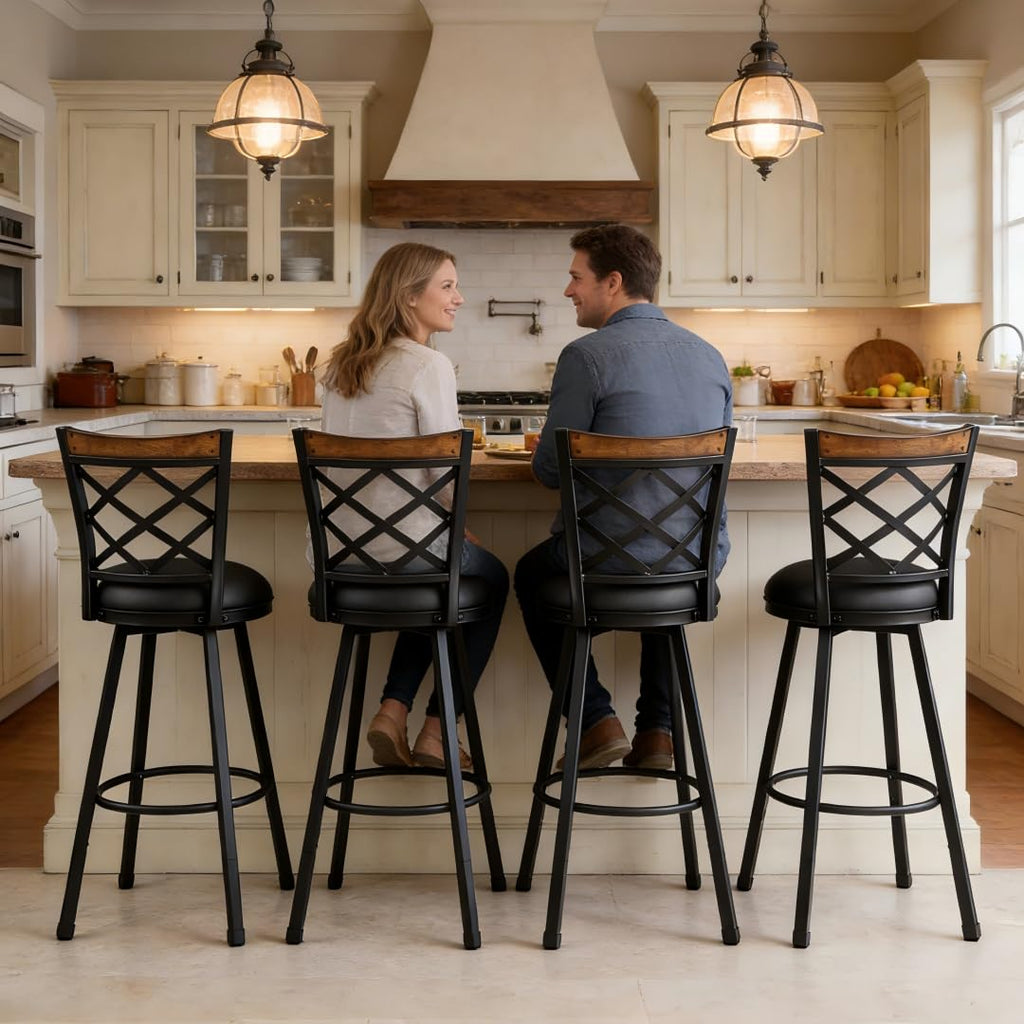Swivel Bar Chairs Set of 4, (2-in-1) 25"/30" Adjustable Counter & Bar Stools with Backs, Black PU Seat, Industrial
