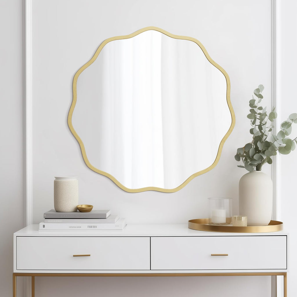 Round Wavy Mirror for Wall Decorative 24 inch, Modern Round Mirror Aluminum Frame Bedroom Living Room Home House