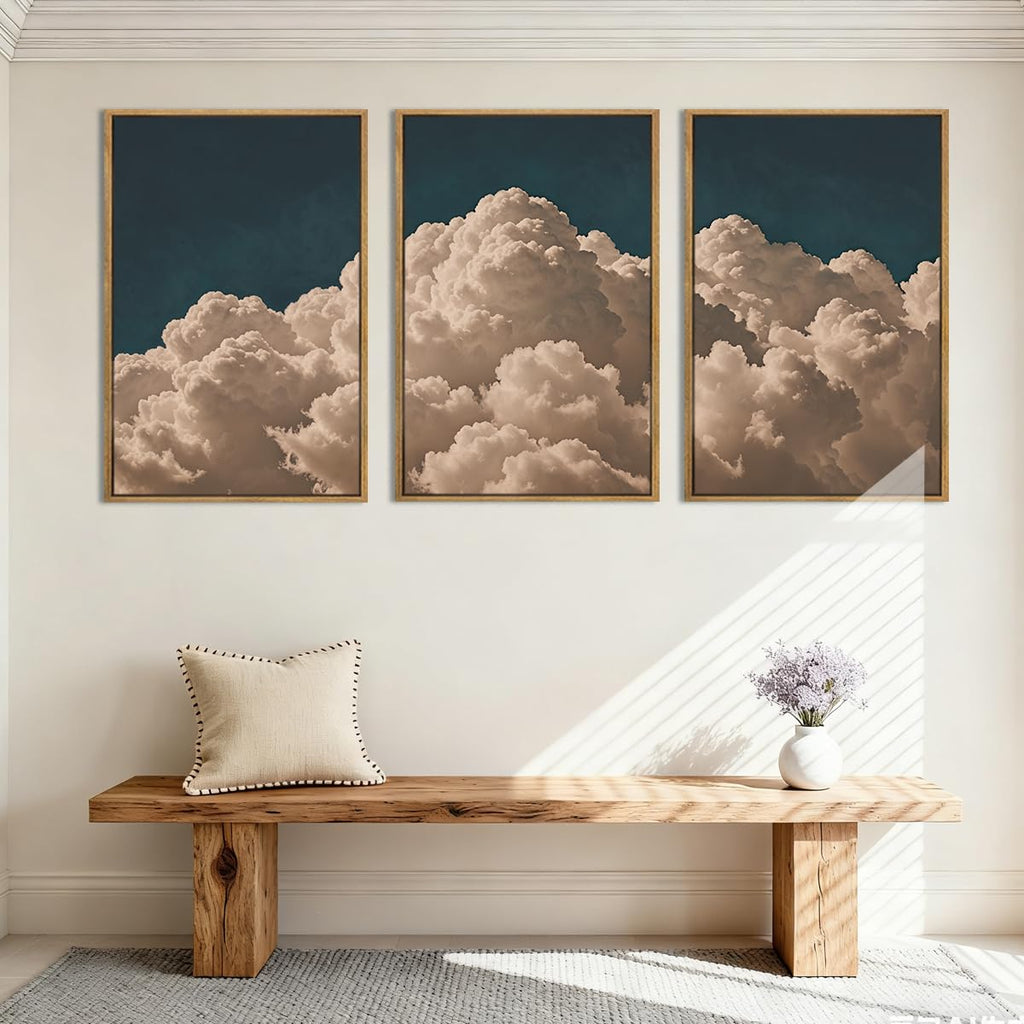 Large Framed Cloud Blue Wall Art 16x24 Inch Navy Cloud Canvas Painting Modern Abstract Sky Landscape Wall Decor