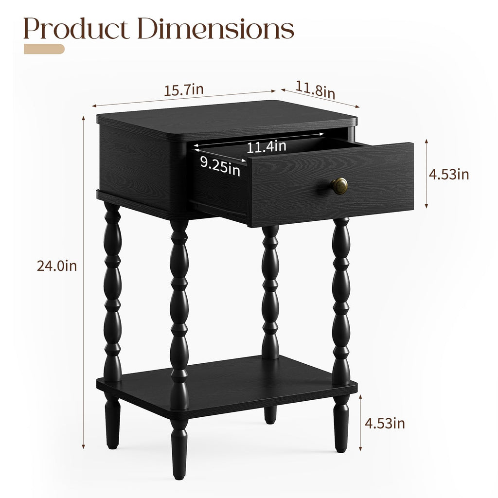 Small Side Table with Drawer - Black Nightstand with Wood Legs