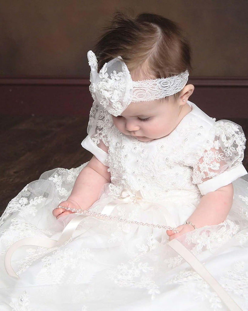 Pretty headband lace long Christening Baptism Dress for baby girl