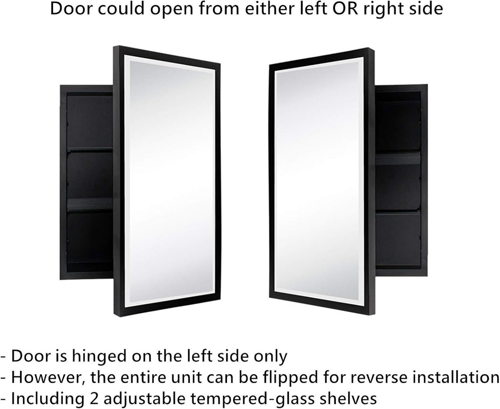 Black Metal Framed Recessed Bathroom Medicine Cabinet with Mirror Rectangle Beveled Vanity Mirrors for Wall 16 x 24