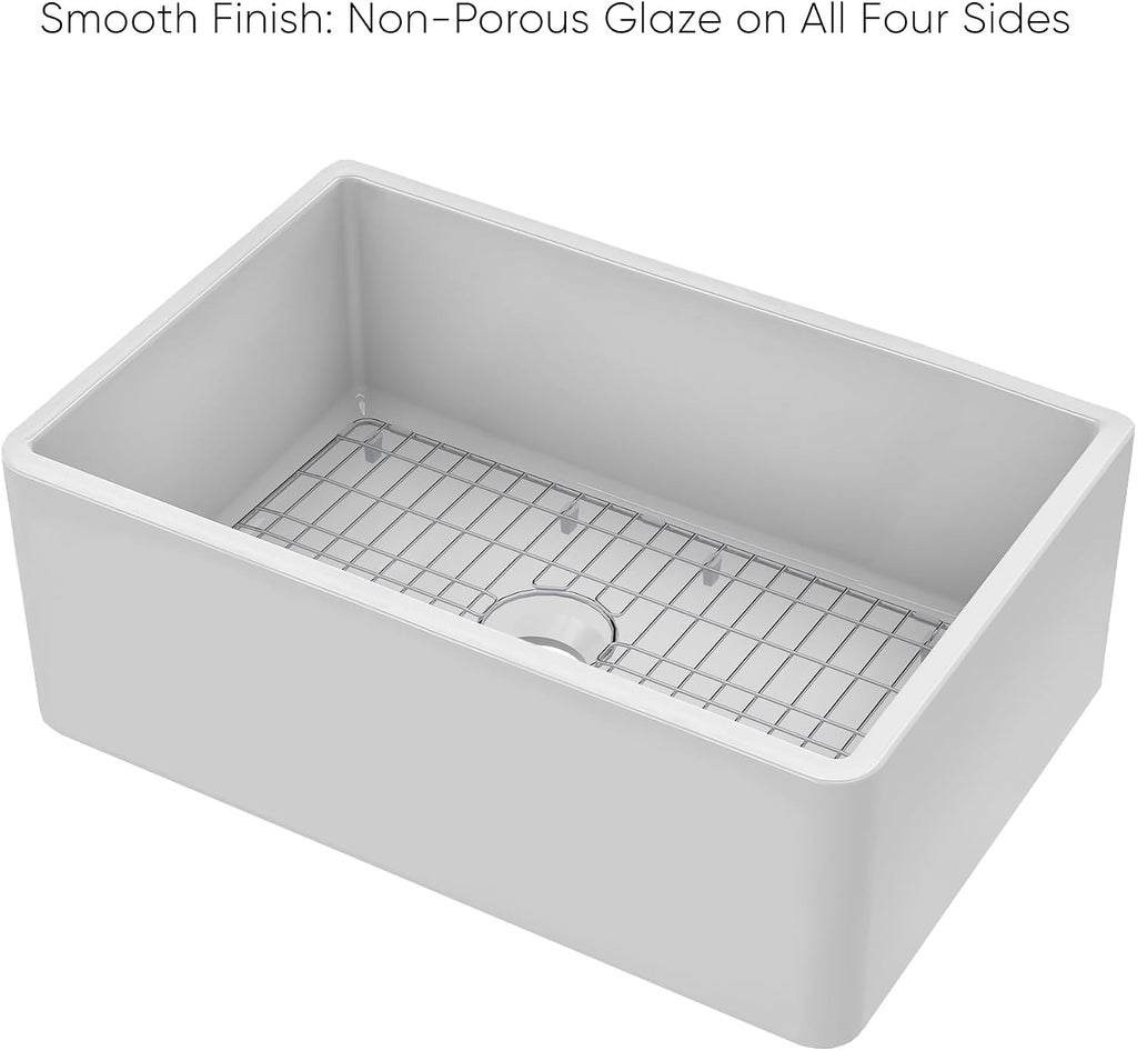 Kitchen Sink, 27" Reversible Single Bowl Fireclay Sink with Three Edge Frame, Plain Front Apron, Gloss White Finish
