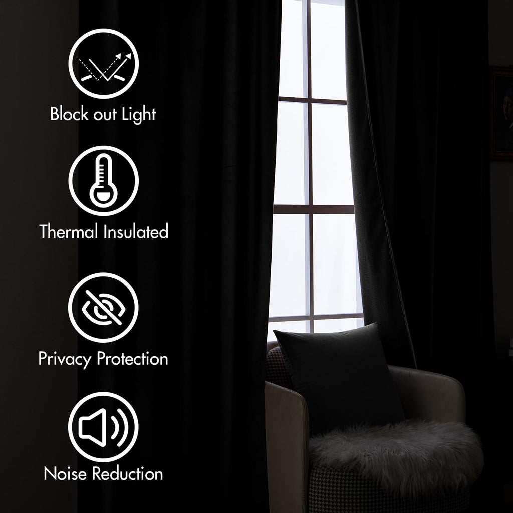 Black Velvet Back Tab Blackout Curtains W52 X L84 Inches