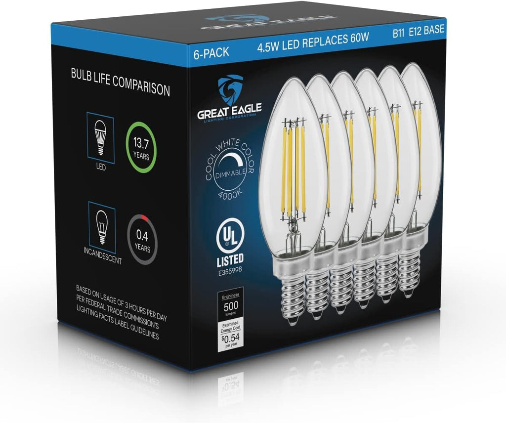 Candelabra B11 LED 4000K Cool White Light Bulbs 60W 500 Lumens, Dimmable, Filament E12 Candle, UL Listed (6 Pack)