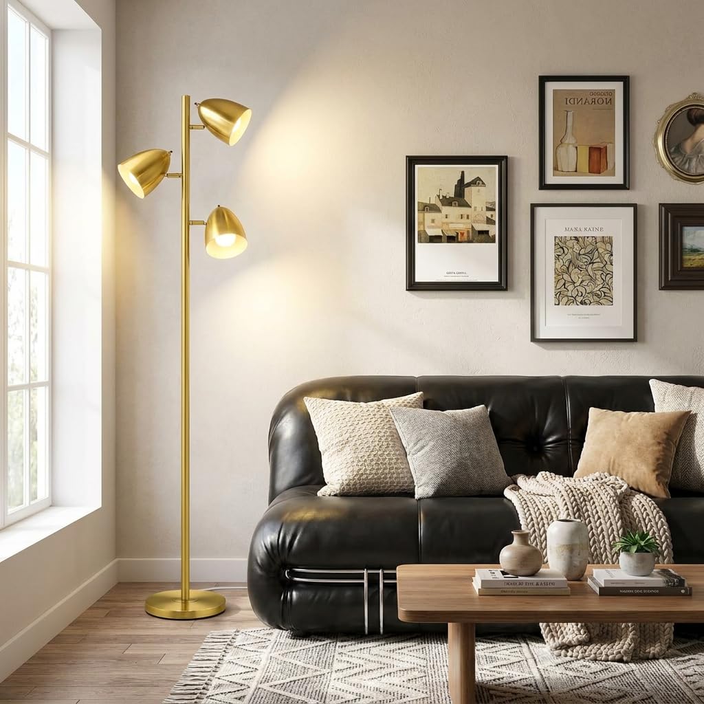 65-Inch Gold 3-Light Tree Floor Lamp with Adjustable Metal Heads