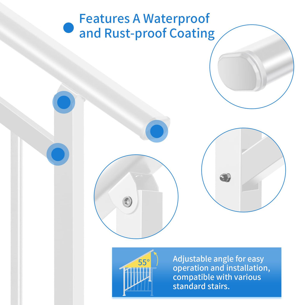 Upgrade White Adjustable 5 Steps Handrail, 65"x38" Stair Railing Kit