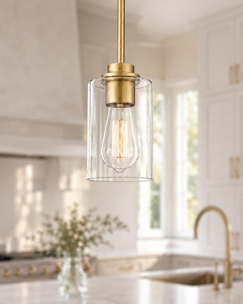 Brass Pendant Lights Kitchen Island 2 Pack, Farmhouse Gold Pendant Lighting with Clear Glass Shade, Mini Hanging