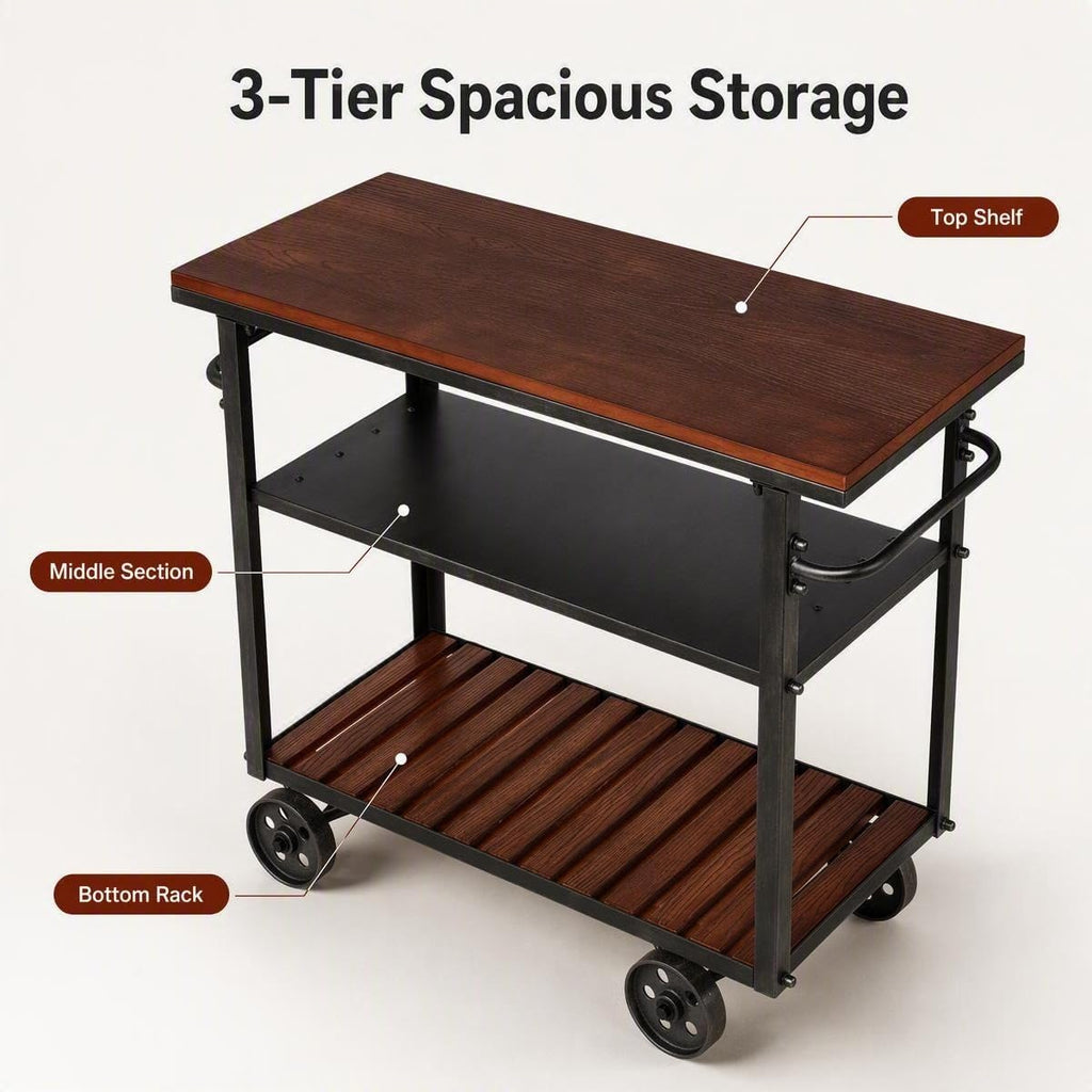 Rolling Bar Cart with Handle [3 Tier] Home Kitchen Microwave Cart Island On Wheels, Mobile Serving Cart Beverage