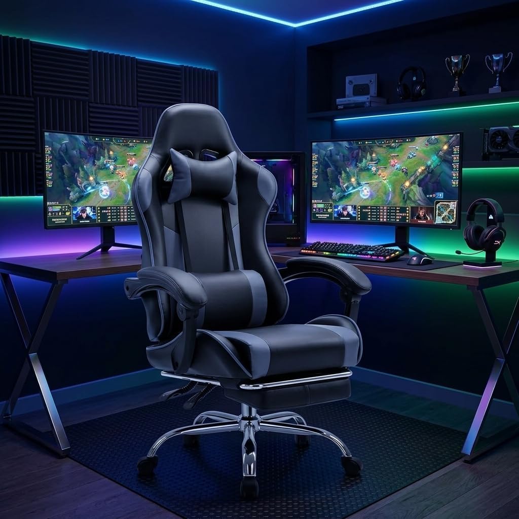 Racing E-Sports Gaming Chair - Ergonomic Grey PU Leather Computer Desk Chair with Footrest, High Back Recliner with