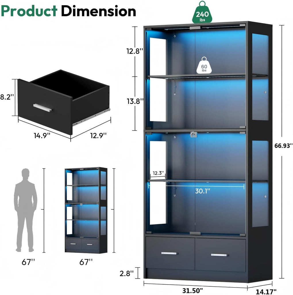 Display Cabinet with Seal Strip & RGB LED Light | 67" Curio Cabinet, Pop-Up Glass Doors, Adjustable Shelves, Anti-Tip
