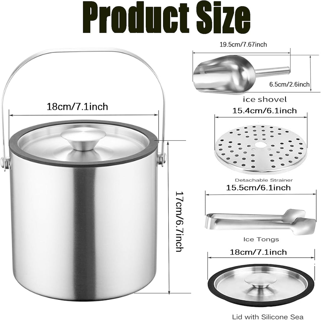3L Double-Wall Insulated Ice Bucket with Lid, Ice shovel &Tongs and Strainer, Stainless Steel Ice Bath Tub