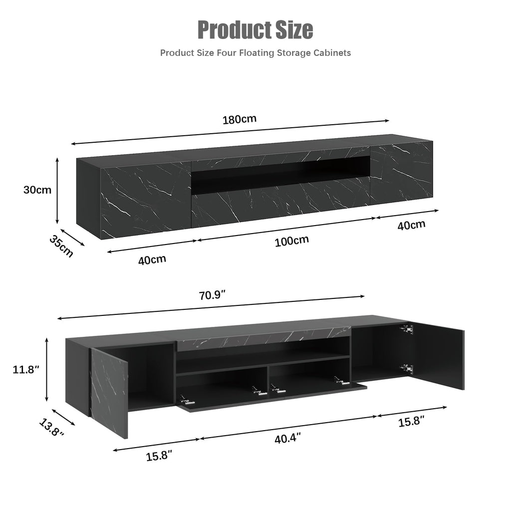 Floating TV Stand for 55 65 70 75 78 85 inch TV, Entertainment Center with LED Light and Storage Cabinet High Gloss