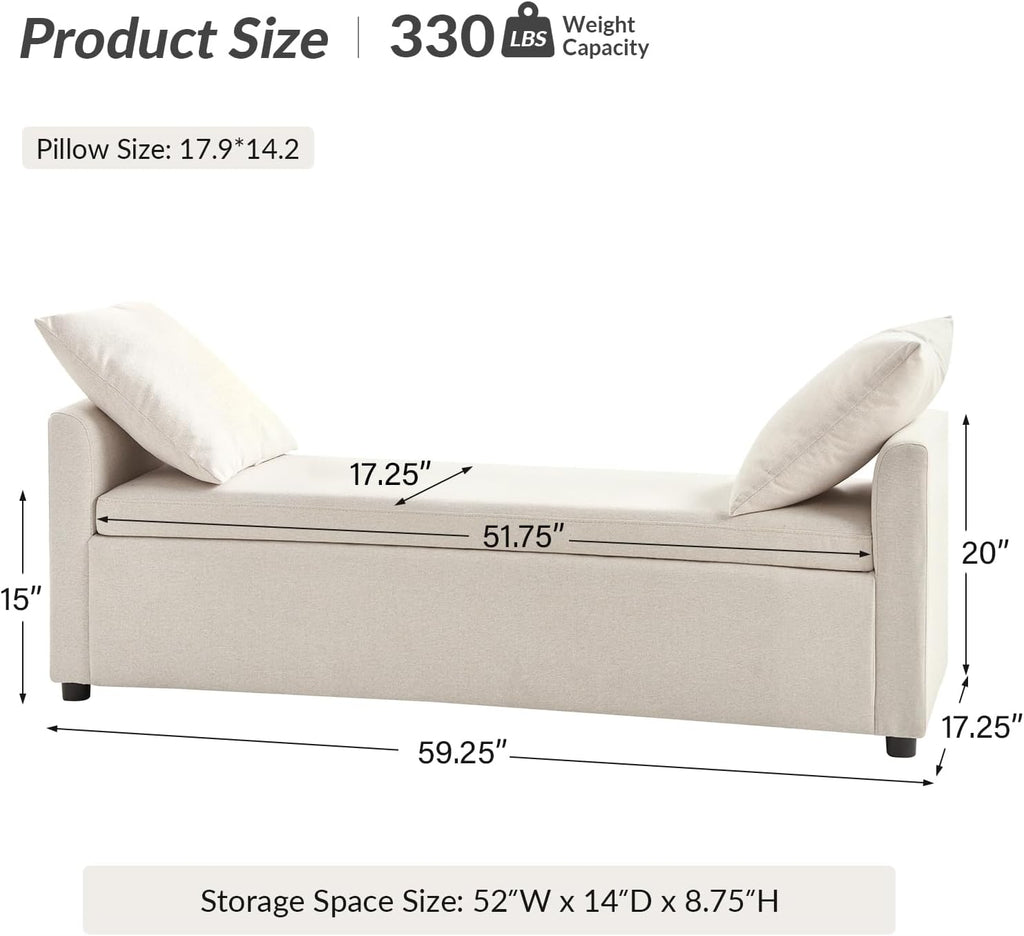 59" Storage Bench with 2 Throw Pillows & Armrests, Linen | Modern Long Bedroom Bench for End of Bed, Comfy