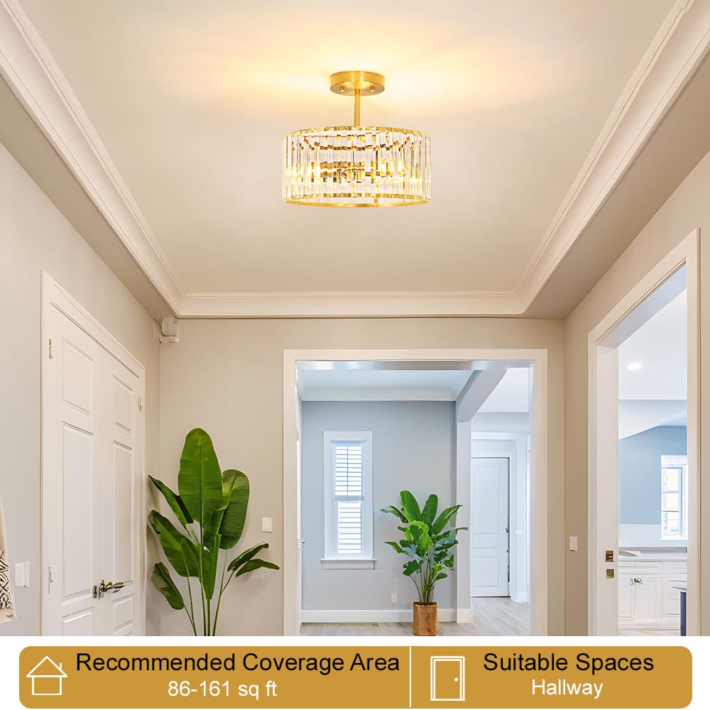 Modern Crystal Ceiling Light, Brushed Gold Semi Flush Mount Ceiling Lighting Fixture, Brass Hallway Light Fixtures