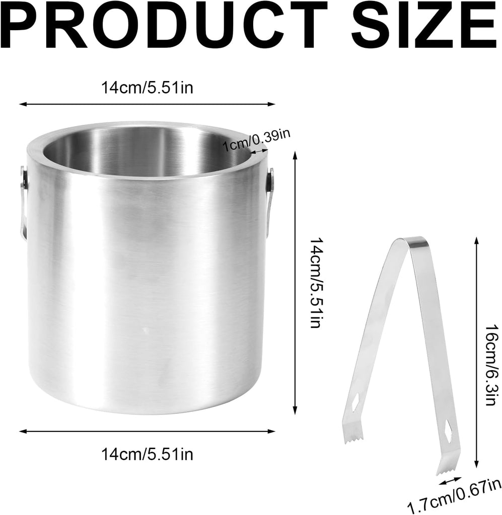1.3L Stainless Steel Ice Bucket with Lid and Tongs, Small Double Wall Ice Pail Chill Container for Cocktails, Beer