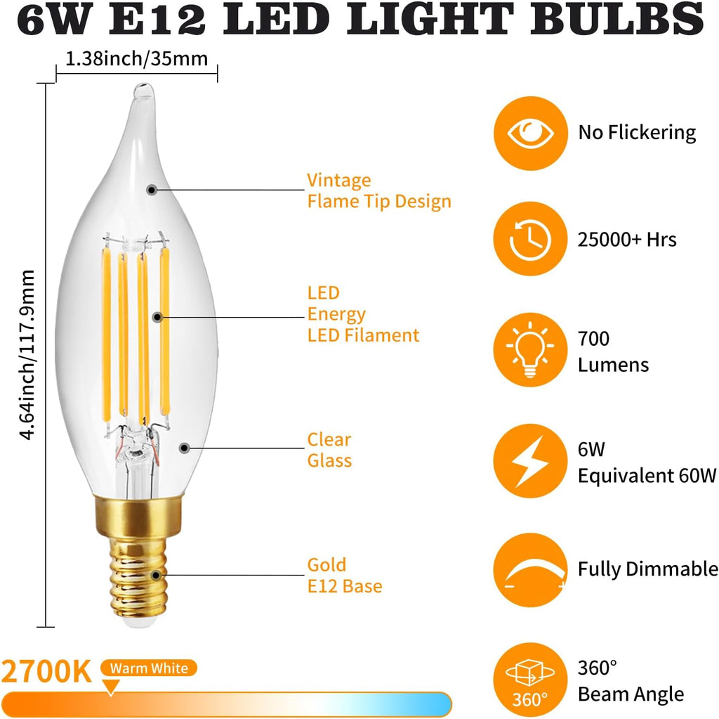 Dimmable E12 LED Candelabra Bulbs 60 Watt Equivalent, 2700K Warm White 700 Lumen Chandelier Light Bulbs, 6W Flame Tip