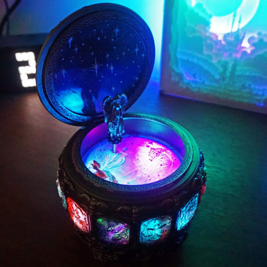 Vintage Music Box with Constellations Rotating Goddess LED Lights Twinkling Resin Carved Mechanism Musical Box with