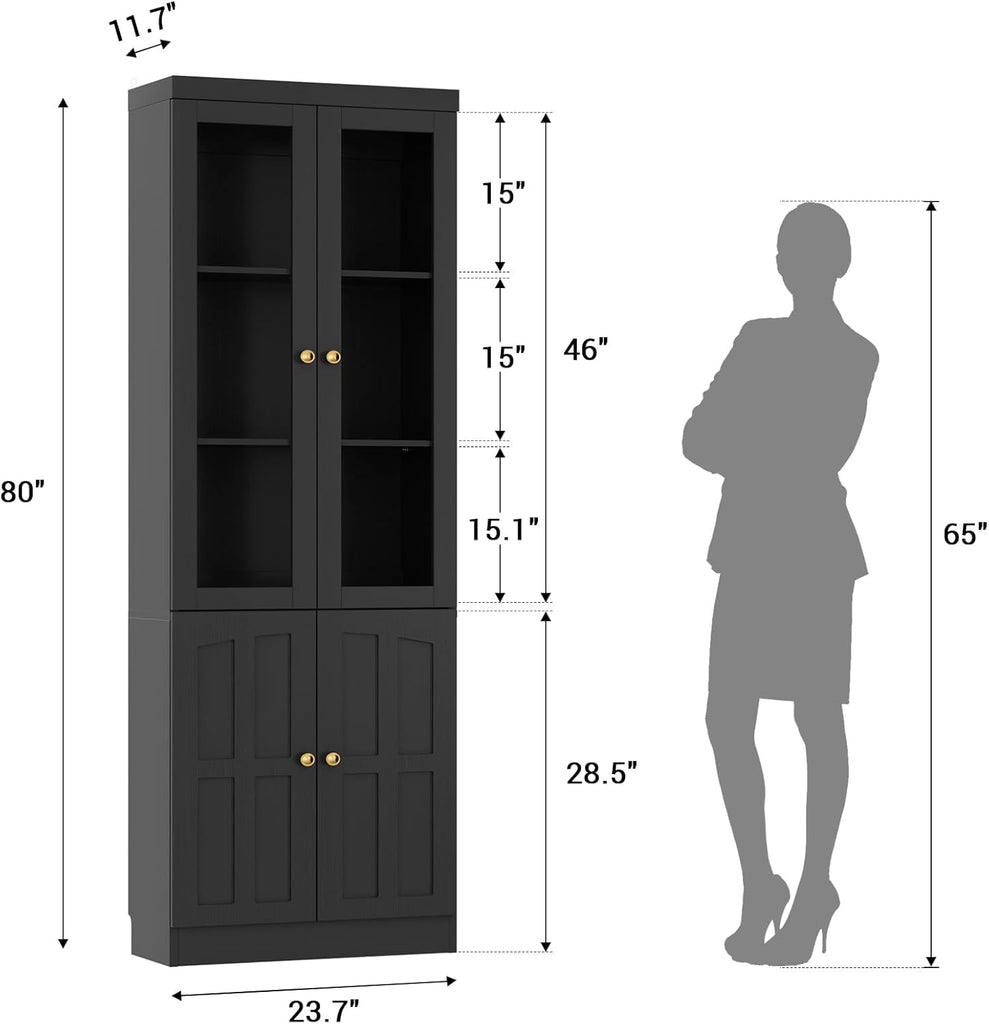 80" Bookshelf with Glass Doors and Adjustable Shelves, Set of 2 | Farmhouse Bookcase with Baseboard Cutout and
