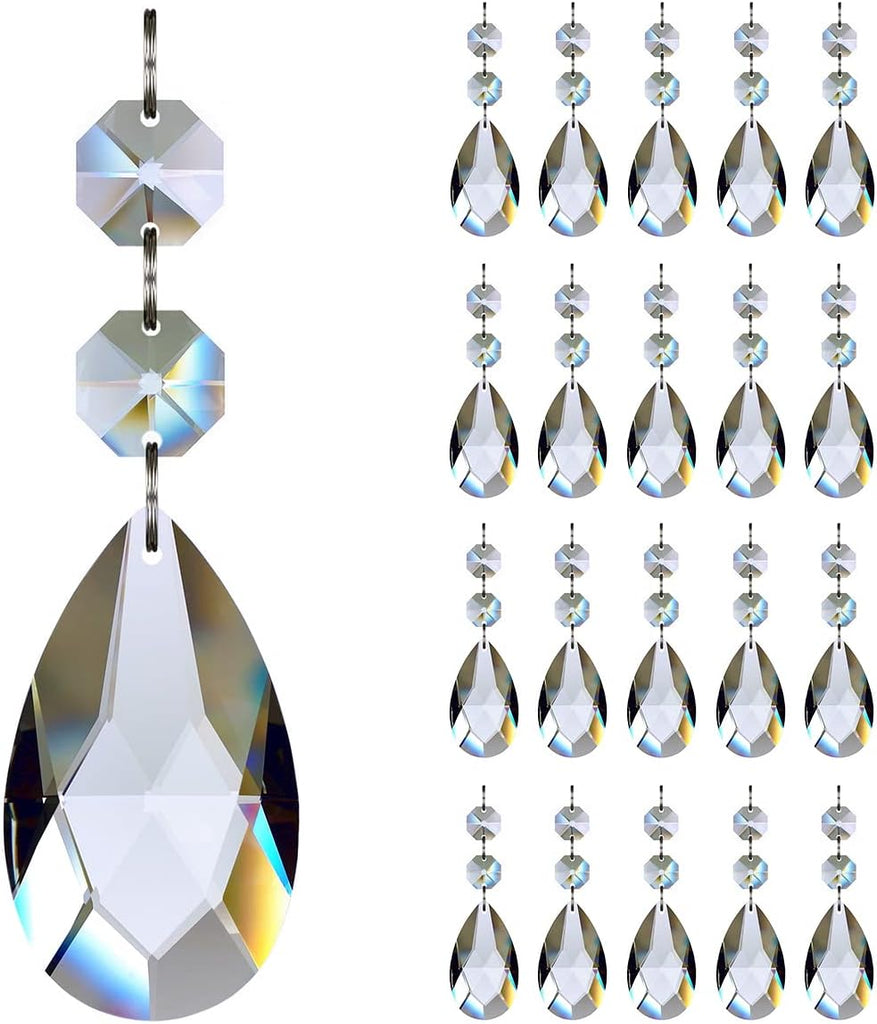20pcs 50mm Teardrop Chandelier Crystal, Clear Replacement Part - Hanging Pendants Connected Glass Octagon Beads for