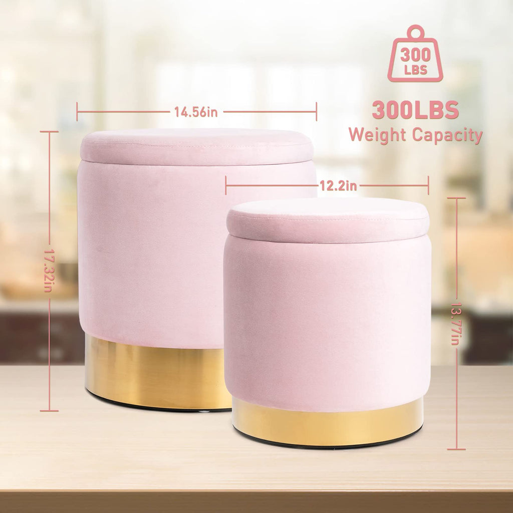 Round Storage Ottoman, Pink Velvet Ottoman with Storage, Upholstered Ottoman Foot Rest Stool with Gold Plating Base