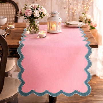 Table Runner 108 inches Long | Scalloped Pink Table Runner , Party Decorations | 100% Cotton, Machine Washable
