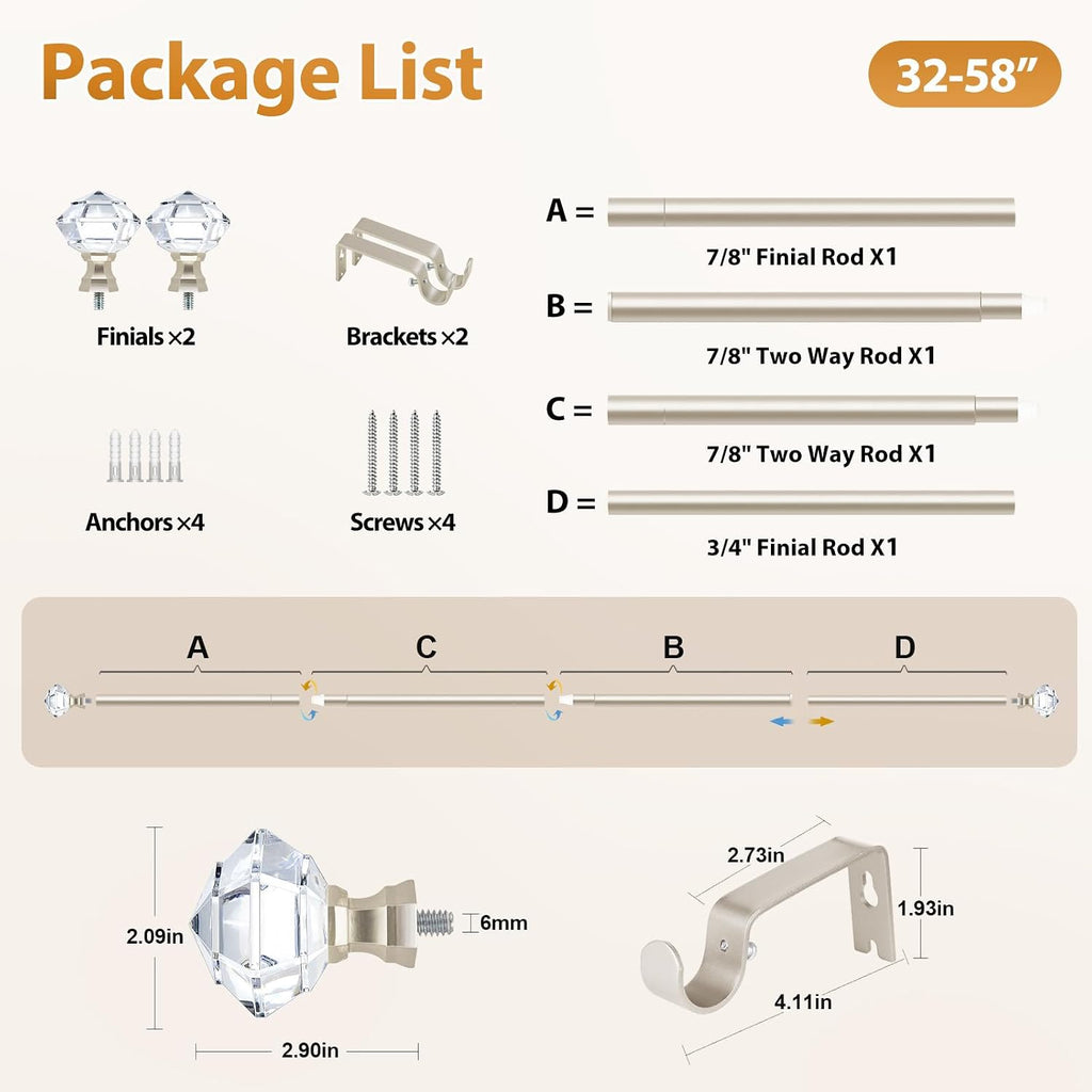 Curtain Rods for Windows 20 to 53 Inch(1.6 to 4.4 ft), Telescoping Splicing 3/4 Single Rods 32 to 58 Inch(2.6-4.8ft)