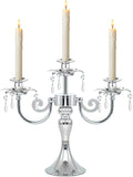 Metal 3 Arm Candelabra with Crystal Pendants - 11.8 Inch Tall Candle Holders, Set of 2 - Elegant Taper Candlestick