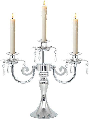 Metal 3 Arm Candelabra with Crystal Pendants - 11.8 Inch Tall Candle Holders, Set of 2 - Elegant Taper Candlestick