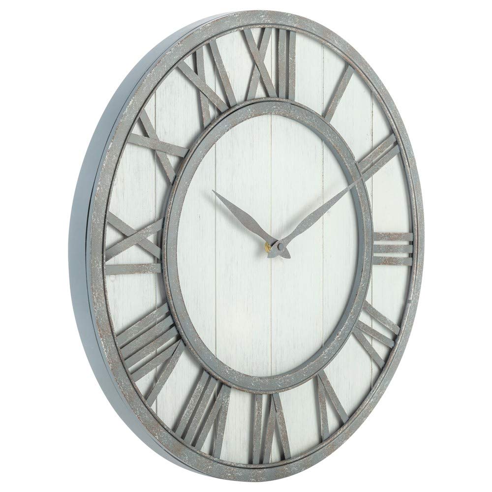 Farmhouse Metal & Solid Wood Noiseless Wall Clock (Whitewash, 18-inch)