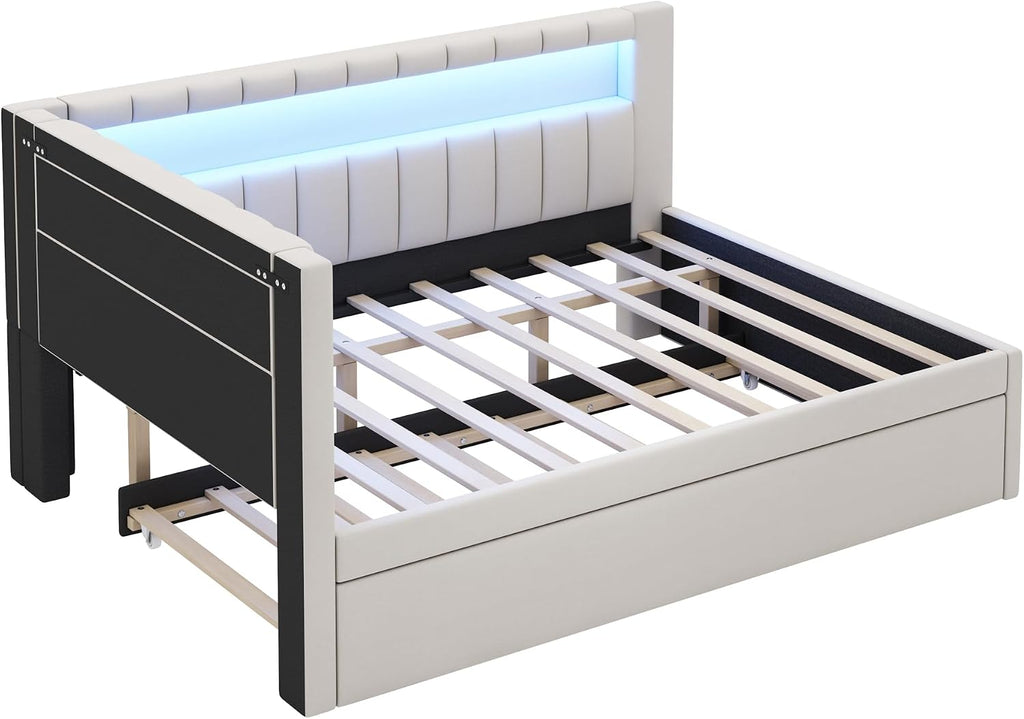 Upholstered Full Size Daybed with LED and Trundle, USB Ports, White | L-Shaped Corner Day Bed with Storage Shelves