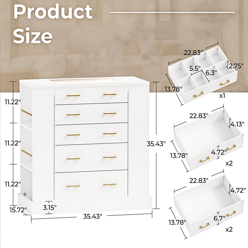 Glass Top Dresser with LED Lights and 6 Open Shelves, White